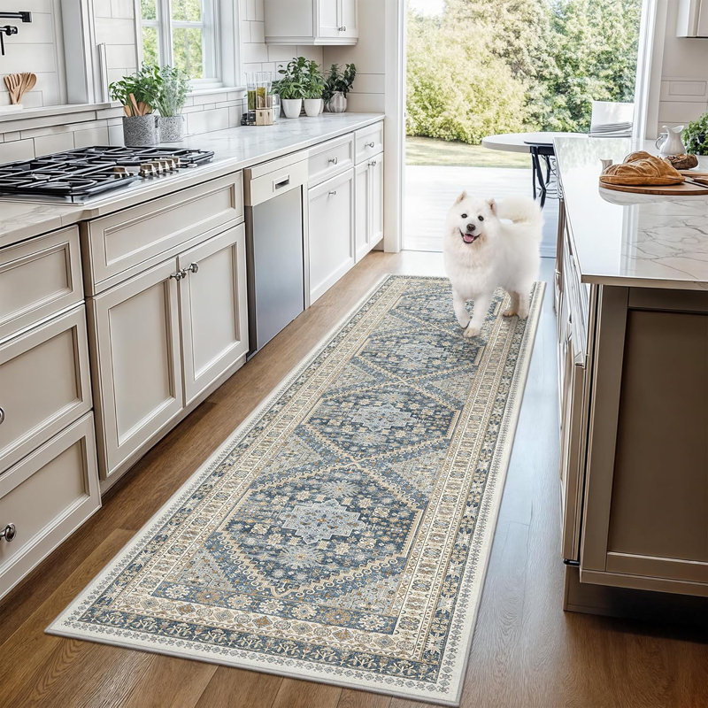 Tapis lavable antidérapant Medallion (bleu), Tapis de couloir 2 pi x 6 pi