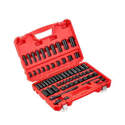 64-Piece Professional 3/8 Inch Drive Impact Socket Set - SAE & Metric Deep/Shallow Cr-V Steel Mechanics Tool Kit with Organizer Case