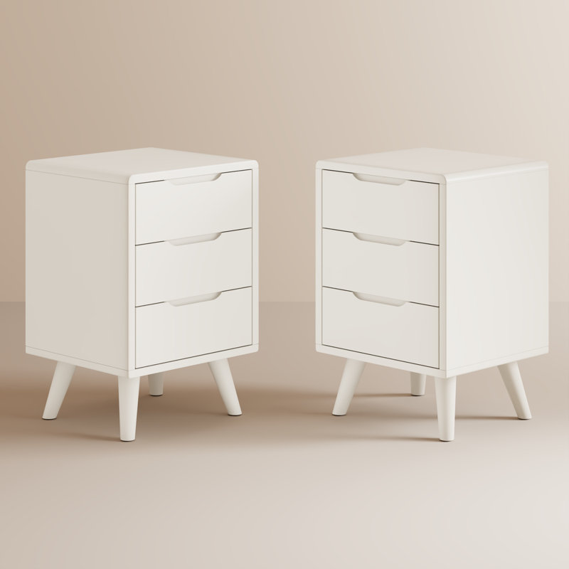 Set of 2 Mid-Century Modern 3-Drawer Nightstand, Solid Wood Extra Storage Bedside Table, White