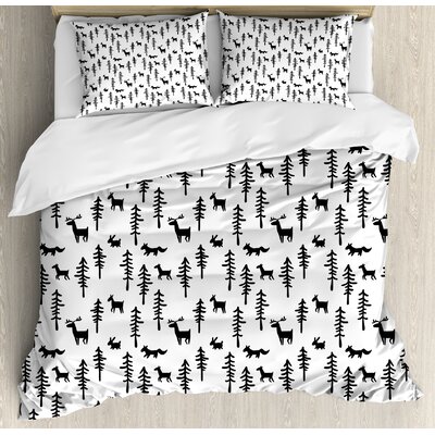 Forest Christmas Spirit Inspired Sketchy Reindeer Pine Trees Rabbits Animal Design Duvet Cover Set -  Ambesonne, nev_26837_king