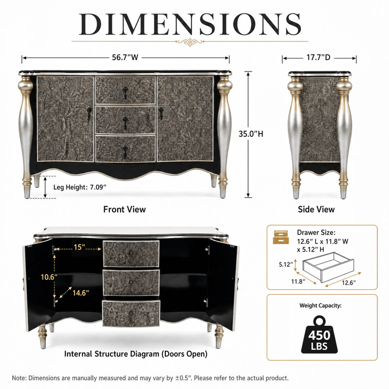 57'' Luxury Embossed Sideboard Buffet Cabinet With Drawers And Doors,  Vintage Accent Sideboard For Living Room, 2 Doors And 3 Drawers, Silver And Black