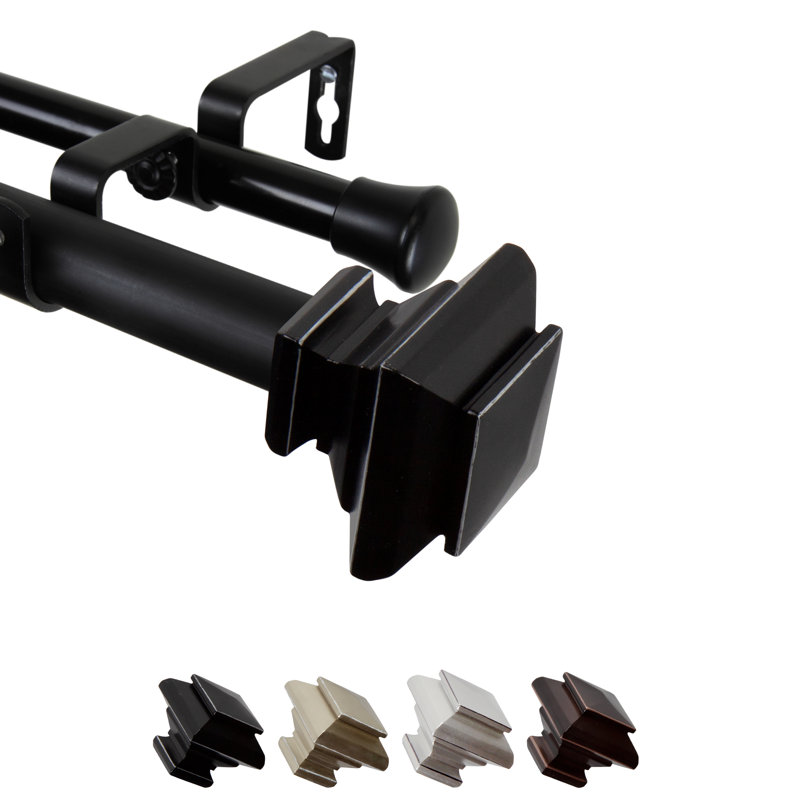 Steel Rod/Resin Finial Adjustable Double Curtain Rod, Black, 66" – 120"