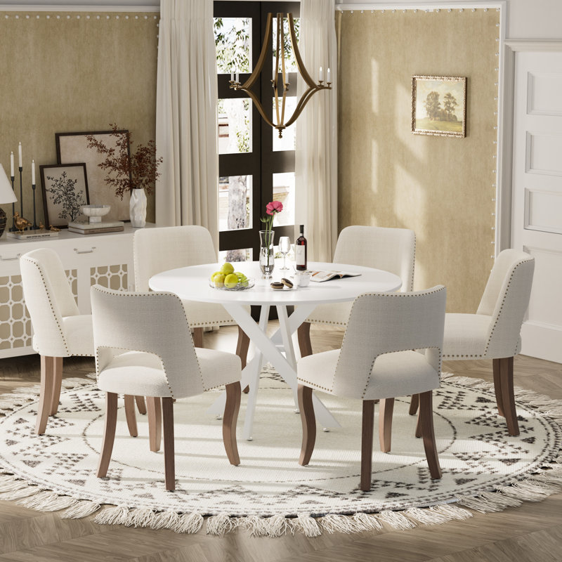 Ensemble de salle à manger à piédestal rond avec chaise en bois, 7 pièces : table, 6 chaises, Noir, Noir