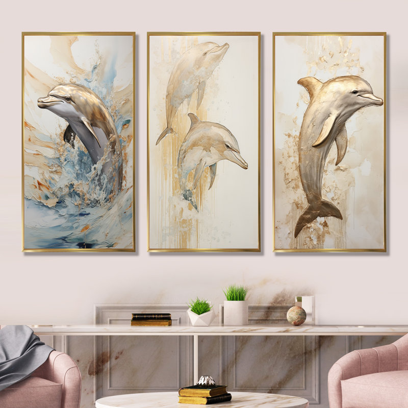 Ensemble de 4 impressions sur toile de dauphins beiges et dorés, Cadre flottant doré, H 40 po x l 60 po
