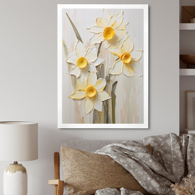 Minimalisme crème, jonquilles sur toile, Cadre simple blanc, H 20 po x l 12 po x P 1 po