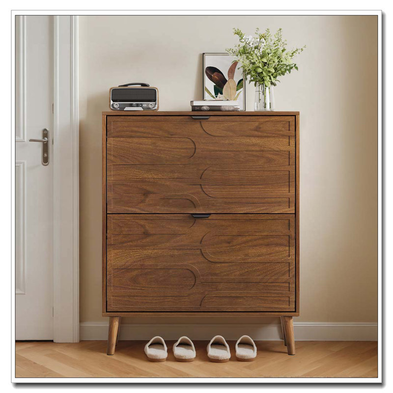 Shoe Cabinet, 31.5-Inch Walnut Shoe Storage Cabinet,, Fence Shoe Cabinet With 2 Flip Drawers