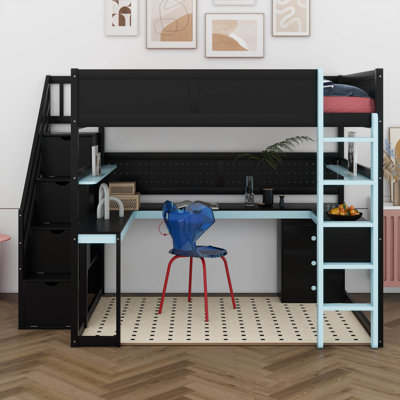 Lit mezzanine en bois avec escalier de rangement, bureau, tablettes et panneau perforé, style Esports peu encombrant pour adolescents et adultes
