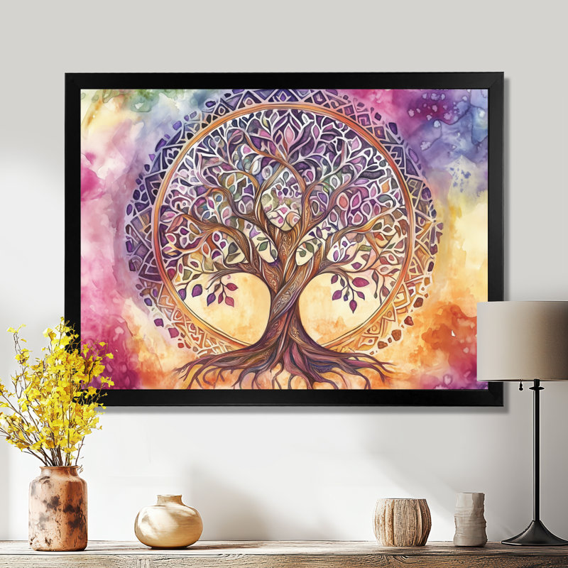 Mandala Arbre de Vie Violet et Jaune I - Tableau encadré, H 34 po x l 44 po, Cadre photo noir