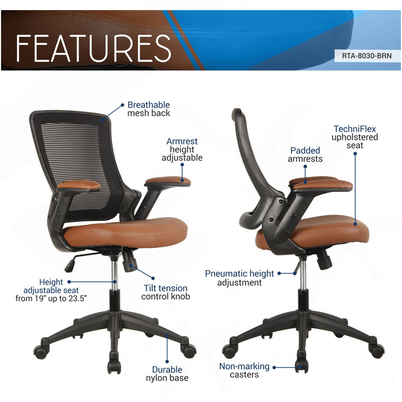 Fauteuil de bureau en maille à dossier moyen avec accoudoirs réglables Techni Mobile, Brun