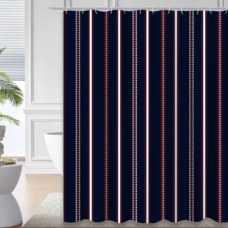 Rideau de douche rayé bleu rouge à rayures avec 12 crochets, L 72 po x l 84 po