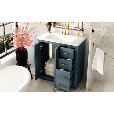 Meuble-lavabo de 30 po avec structure en bois massif, charnières, 3 tiroirs, portes de couleur bleue, rangement spacieux, style rétro