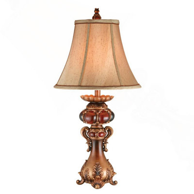 Lampe de table haute en polyrésine 31 "avec finition rouge et brune, abat-jour en lin