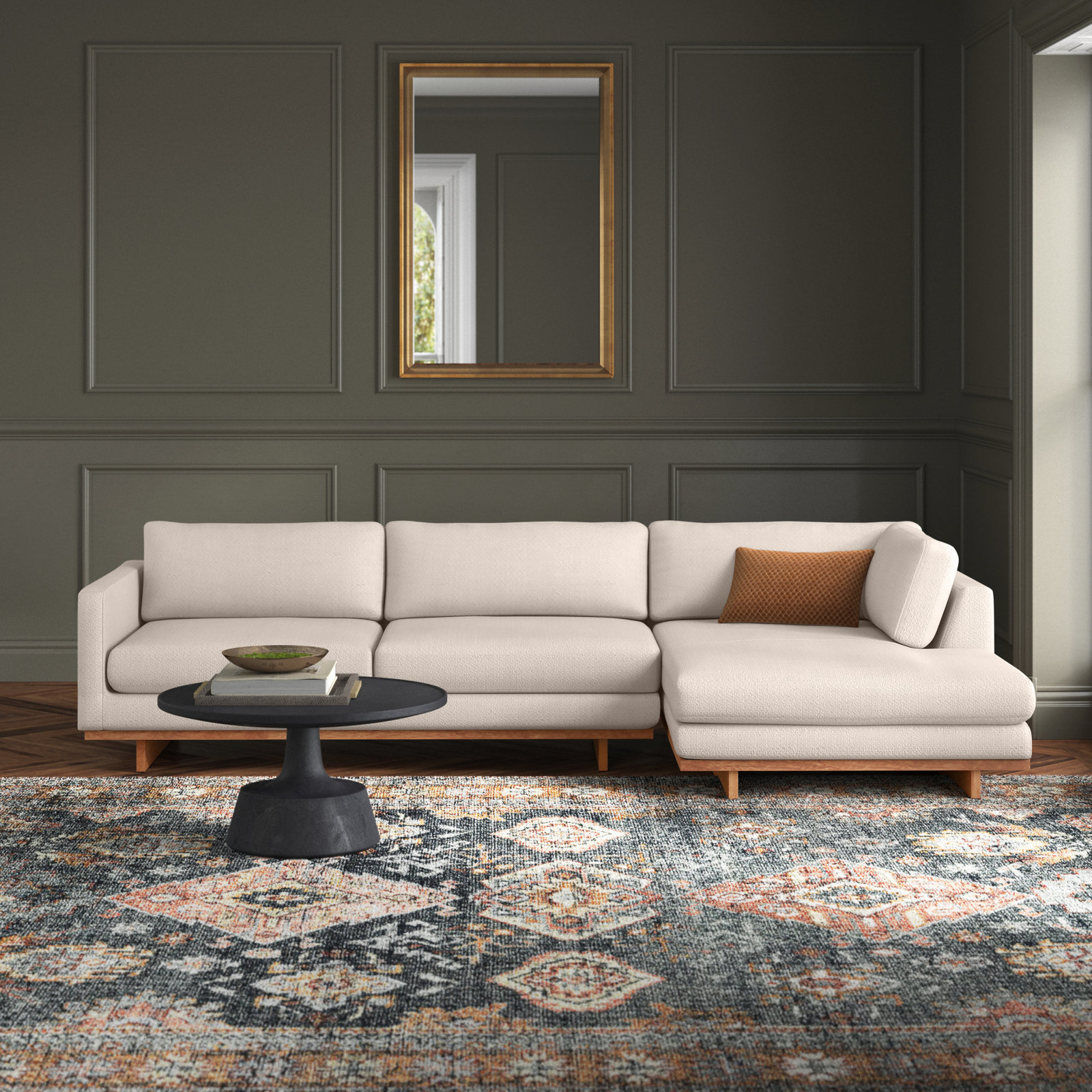 Menades Upholstered Chaise L-Sectional, Right Hand Facing, 32" H x 125" W x 70" D, Irving Taupe Polyester Blend