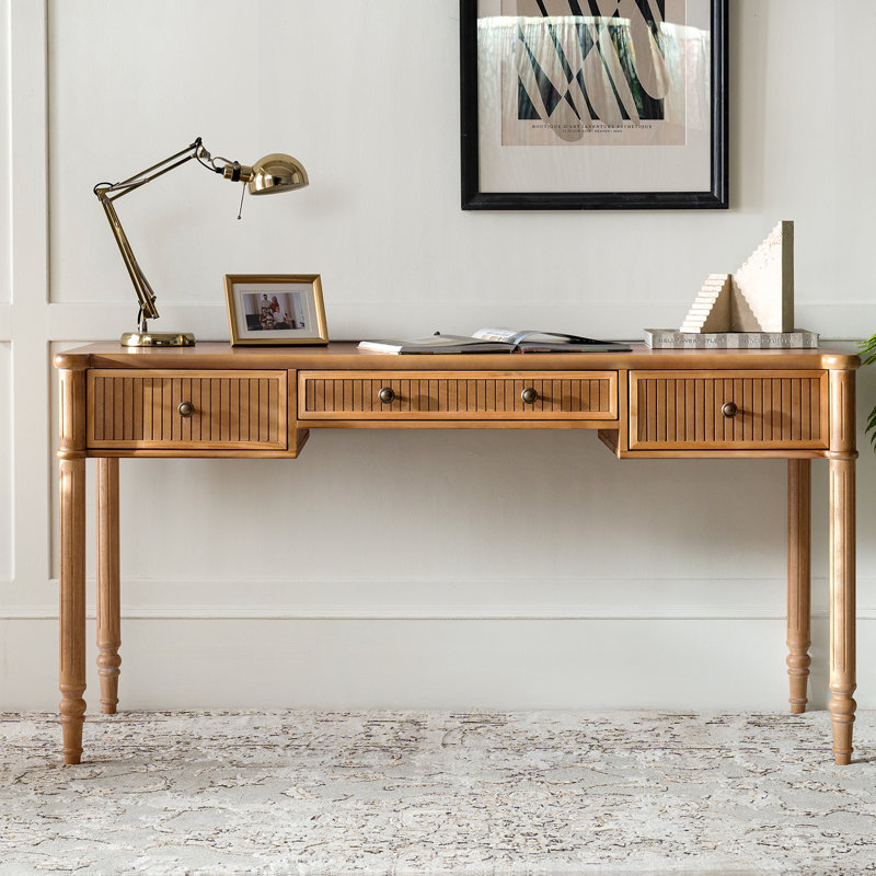 Hoai 60''W Transitional Fluted Simple Assembly Desk with Charging Station and Cable Management, Teak