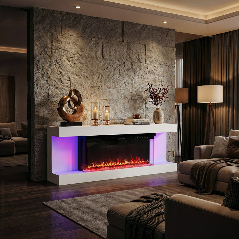 Modern TV Stand With Built-In Electric Fireplace, 66.5" Media Console With LED Lighting For Living Room Entertainment Center