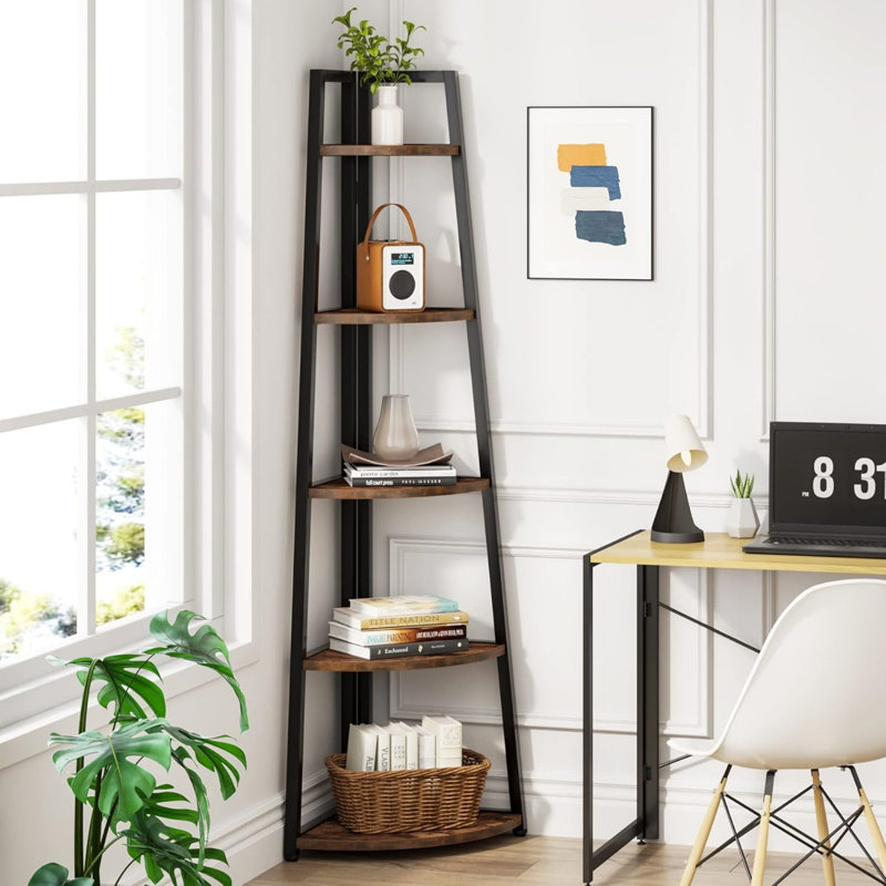 Présentoir de coin à 5 niveaux, cadre en métal robuste avec tablettes en bois, unité de rangement compacte pour le salon et le bureau personnel