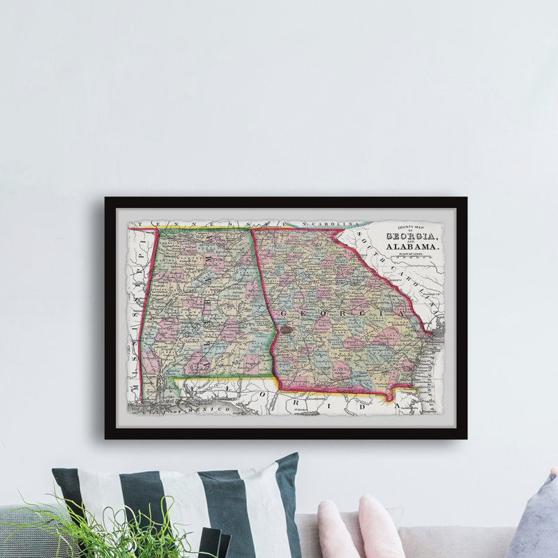 Carte rétro de la Géorgie et de l'Alabama, impression encadrée sur papier, H 24 po x l 36 po x 1,5 po