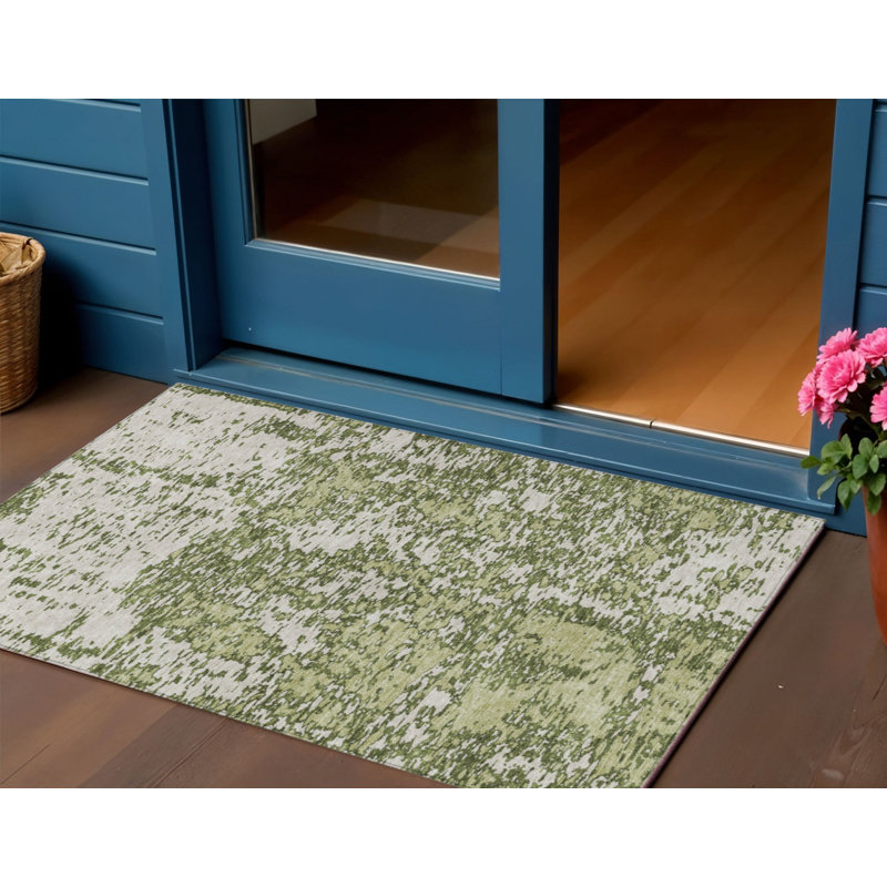 Tapis extérieur lavable abstrait vert olive et ivoire 3 pi x 5 pi
