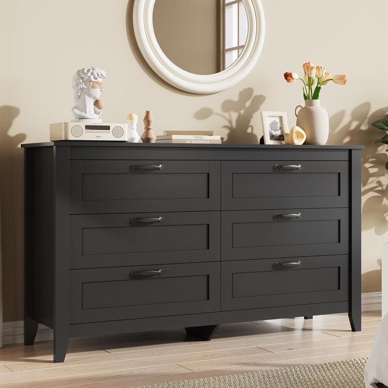 Commode moderne à 6 tiroirs l 54 po Serefina, commode en bois noir foncé avec pieds solides pour la chambre à coucher, grande commode double avec poignées en métal pour le placard ou le couloir