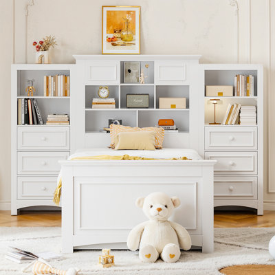 Lit plateforme simple en bois avec armoire verticale tout-en-un et 4 tiroirs de chaque côté
