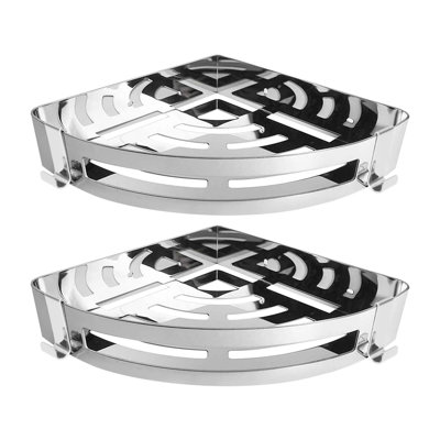 2-Pack No Drill 304 Stainless Steel Corner Shower Caddy with 2 Hooks Chrome Bathroom Organizer Shelf