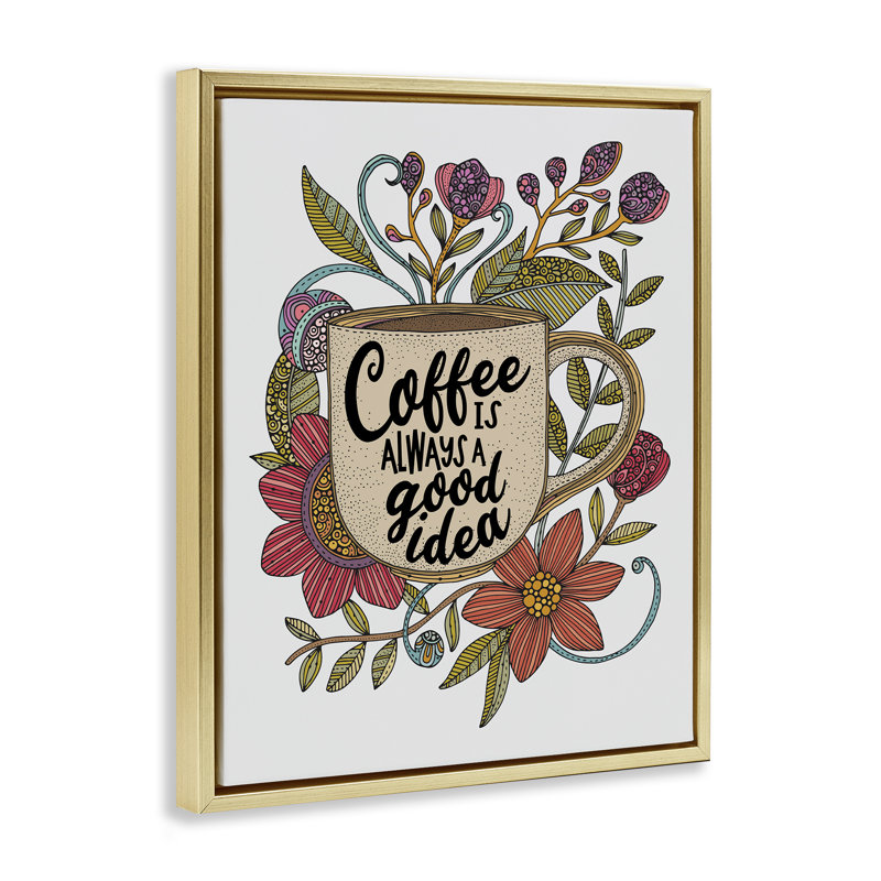 «Floral Coffee Good Idea», art mural encadré sur toile flottante par Valentina Harper, Cadre flottant métallique doré