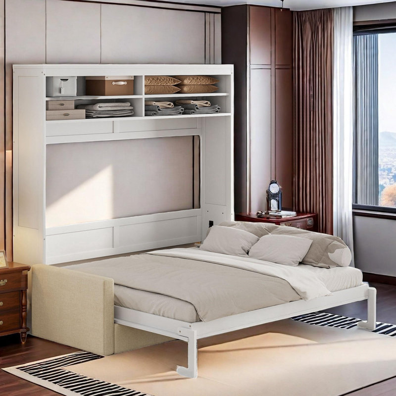 Grand lit escamotable avec canapé et tablettes, Blanc