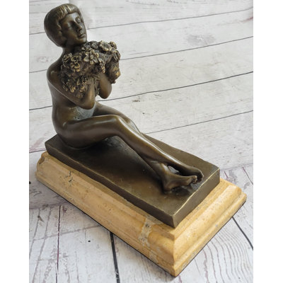 Myrissa Nude Girl Holding Bouquet of Flowers Bronze Metal Sculpture Statue Art Deco Marble Base