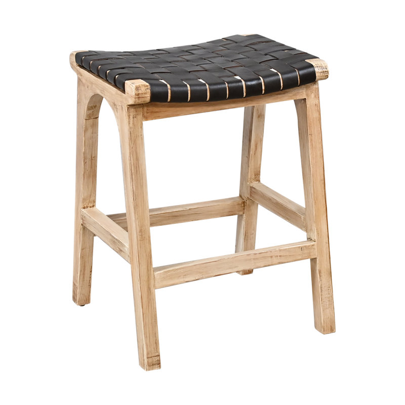 Tabouret rustique en bois massif blanc délavé avec assise en cuir tressé noir, Black Seat/ Beige Frame