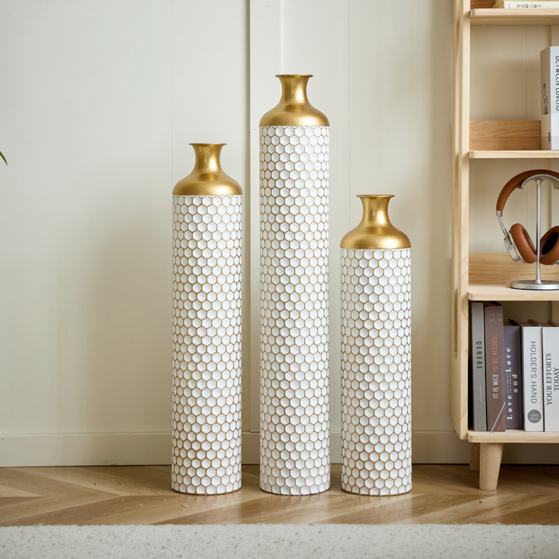  Metal Floor Vase, Tall Large Floor Vase With Honeycomb Hexagonal Design (Set Of 3)