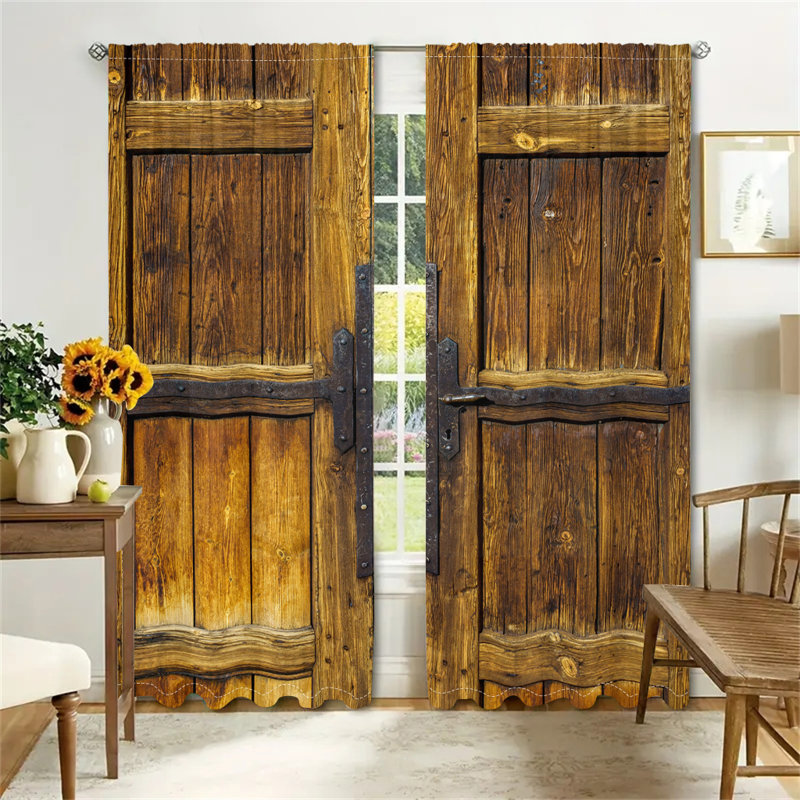 2Pcs Rustic Wooden Door Curtains Rod Pocket Vintage Farmhouse Curtain Digital Print Polyester Drapes Decorative Country Style Window Panel Living Room Bedroom Kitchen Home Decor