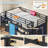 Twin Size Low Loft Bed With Built-in Desk, Metal Loft Bed With 6 Storage Drawers, Open Bookshelf, Under-bed Play Tent With Led Lights,safety Guardrail & Inclined Ladder, Blue And Black-1202610186