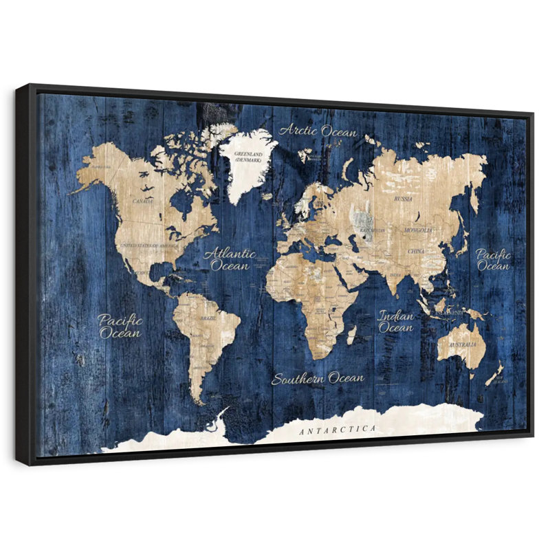 Carte du monde en bois texturé, Cadre flottant noir, 40 po x 27 po