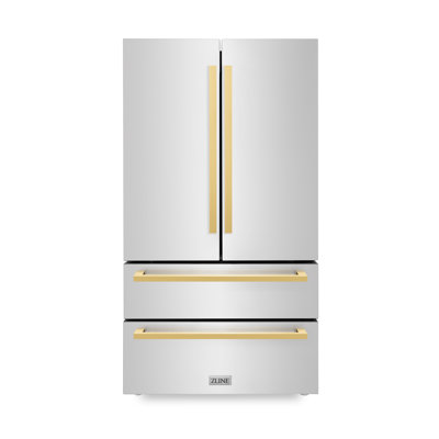 Zline 36 In. Autograph Edition 22.5 Cu. Ft 4-door French Door Refrigerator With Ice Maker In Black Stainless Steel With Polished Gold Square Handles -  RFMZ-36-FG