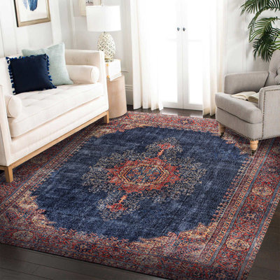 Tapis bleu marine à motif rétro tissé