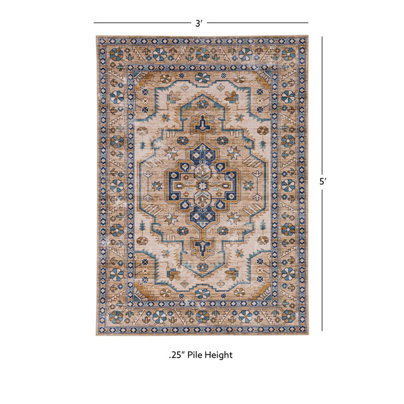 Aspers Machine Washable Ivory and Gold Area Rug, Rectangle 3' x 5'