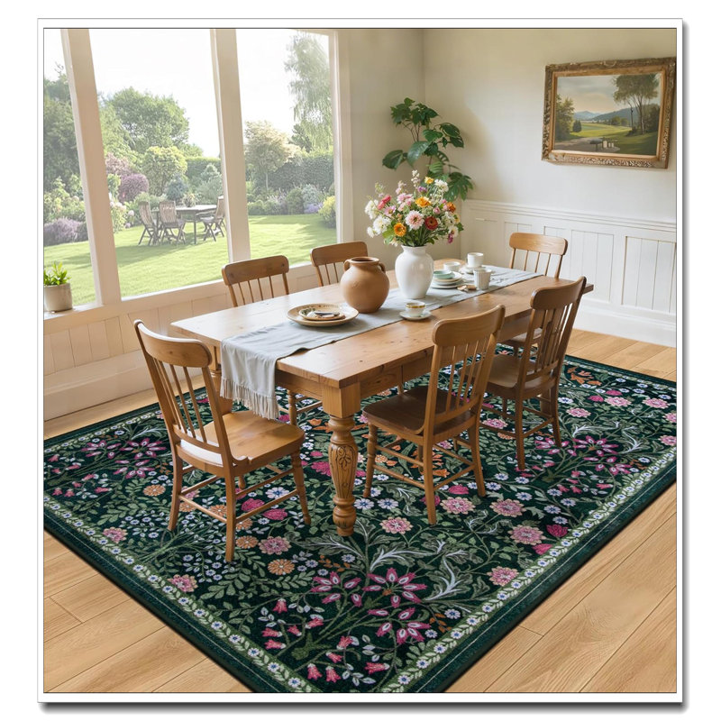 Area Rugs 9X12 Living Room, Dark Green Floral Washable Vintage Boho Rug,  Soft Low Pile Non-Slip Indoor Floor Carpet, Stain Resistant Rug For Bedroom Dining Room Farmhouse Nursery Home Office