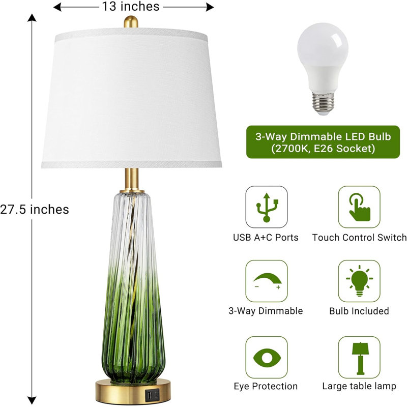 Lampe de table 27,5 "en verre vert avec ports USB A + C