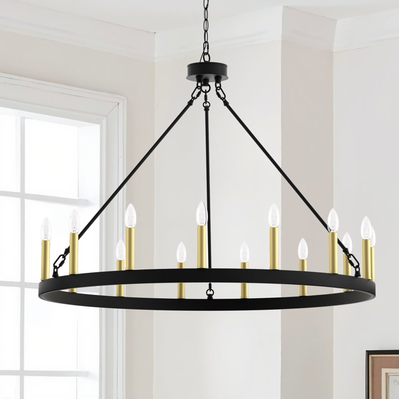 Beck 15-Light Wagon Wheel Chandelier, Aged Zinc/Satin Brass
