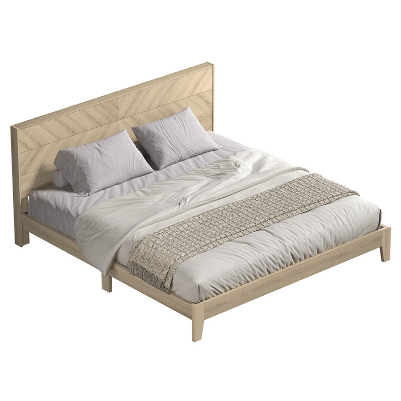 Branquinha Modern Herringbone Panel Headboard Platform Bed Frame, King, Beige