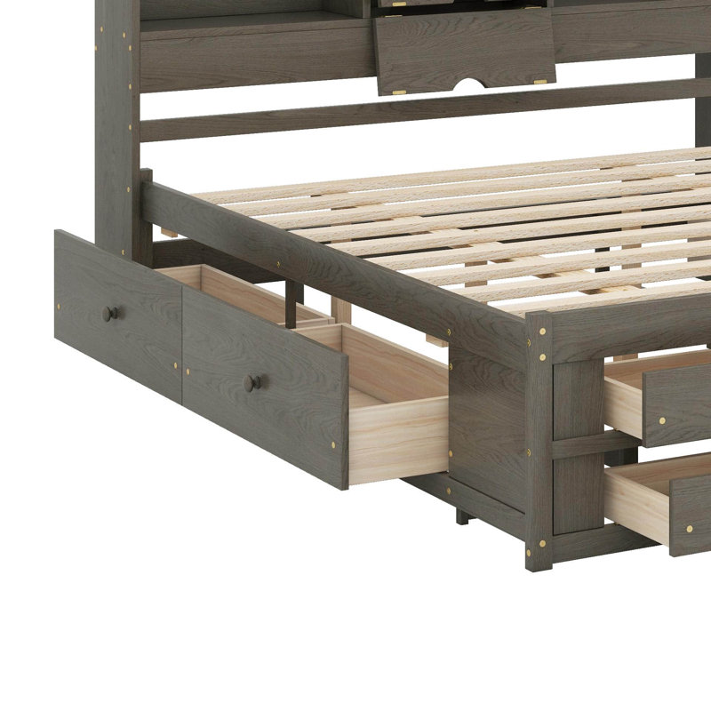 Lit plateforme avec tête de lit avec rangement et 8 tiroirs, Gris, Très grand lit