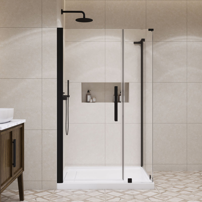 OVE Decors Pasadena Corner Frameless Pivot Shower Door Kit With Base Pan, 2025, Black, 74.8"H x 36"W x 36"D