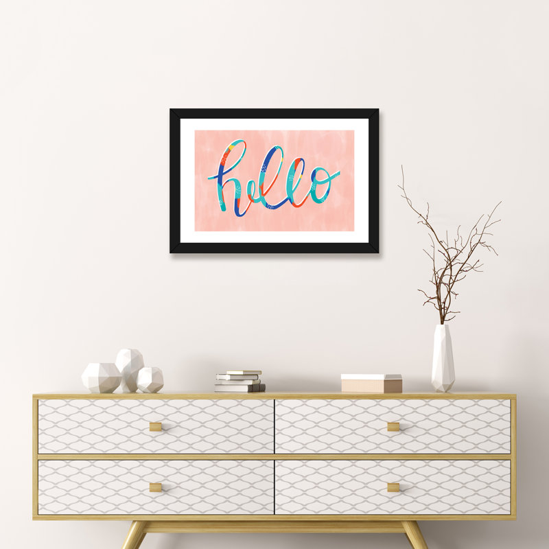 «Hello» par Richelle Garn - reproduction d'art textuel, H 16 po x l 24 po x P 1 po, Papier encadré noir, Blanc
