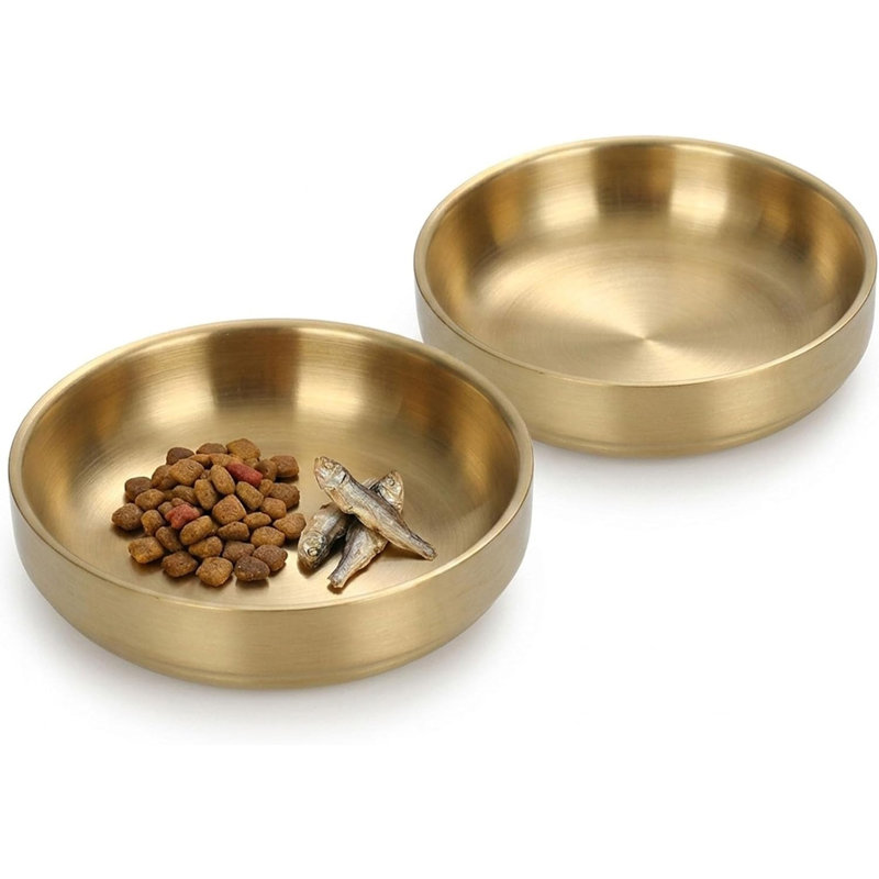 Set of 2 Wide Shallow Stainless Steel Cat Bowls, Gold Finish Whisker Fatigue Relief Pet Food Water Bowls