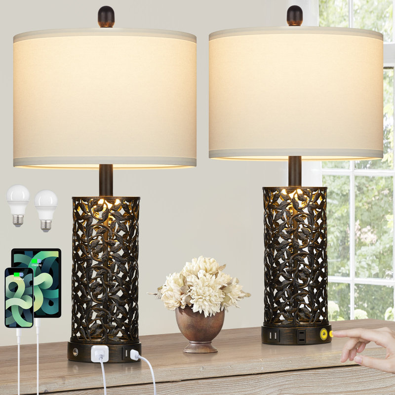 Ensemble de lampe de table USB en métal noir 24,5 po avec veilleuse et contrôle tactile Doroteja, Noir, noir, noir, noir