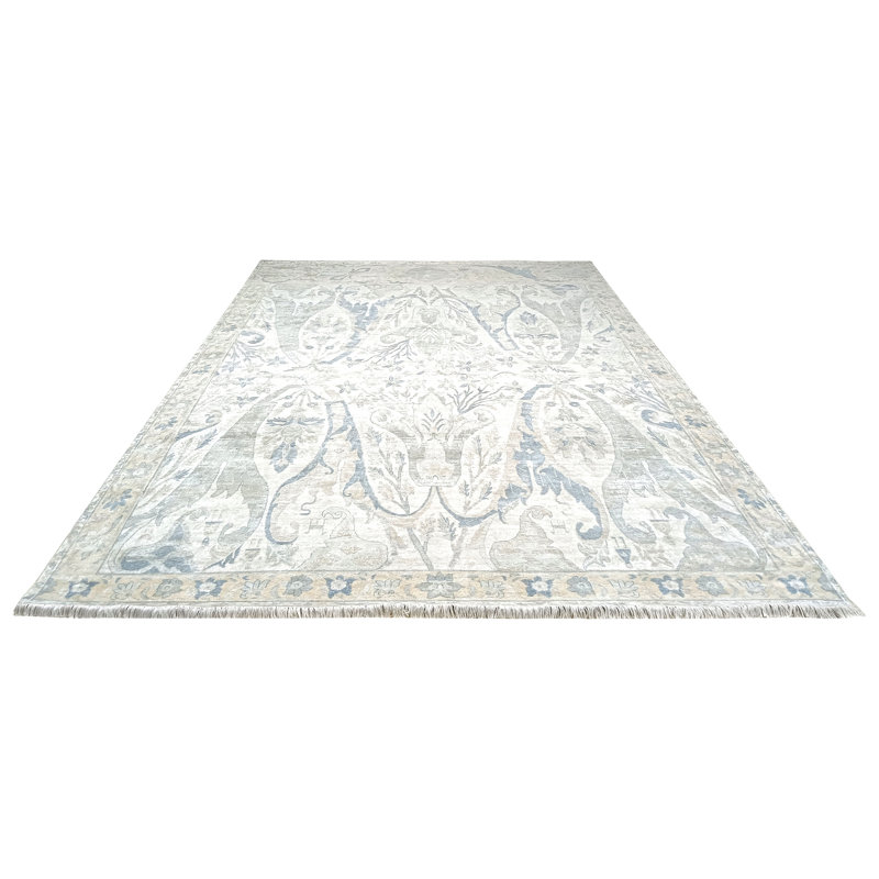 Handmade Silk and Wool Area Rug, White/Beige, Rectangle 10' x 14'