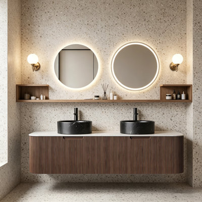 60" Bathroom Vanity&Sinks, Floating Curved Edges Striped Storage Cabinet with 2 Drawers, 2 Stone Black Round Ceramic Basins&Carrara White Sintered Stone Top, Pre-assembled, Dark Walnut Woodgrain