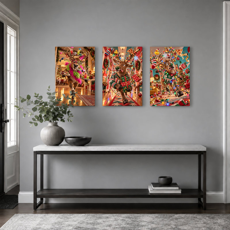Ensemble de 3 impressions sur toile rennes et chandail vert, 72"W x 36"H Overall - 3 Panels