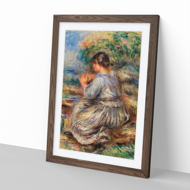 Girl Seated in a Landscape by Pierre-Auguste Renoir - Picture Frame Painting, 65cm H x 48cm W x 2cm D, Walnut Framed