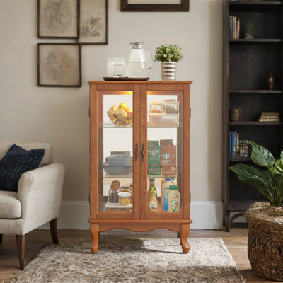 Armoire vitrée 2 portes avec portes en verre trempé, armoires vitrées avec panneau arrière en miroir et tablettes réglables, vitrine lumineuse pour la maison, ampoule de bureau incluse